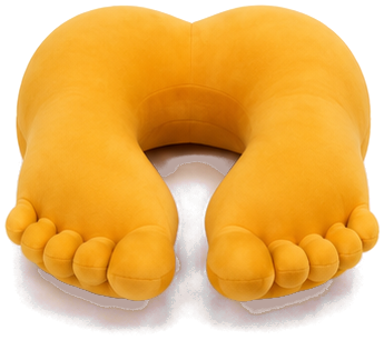 High-angle view of the plush neck pillow lying flat as a U, with five toes at each open end and two rounded heels joined at the back.