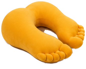 Angled view of the orange-yellow plush neck pillow shaped like a pair of cartoon feet: a U with five toes at each end.